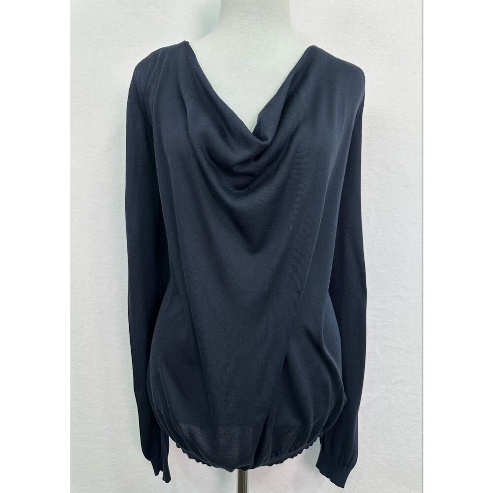 TSE 100% Silk Italian Dark Navy Cowl Neck Long Sleeve Knit Top Size Large - Picture 2 of 13